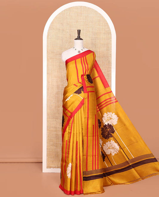 Mustard Printed Silk Saree Embellished with Stripes and Floral Buttas on Its Body, Complemented with a Contrast Border, Pallu of Floral Print, and Paired with a Contrast Plain Blouse