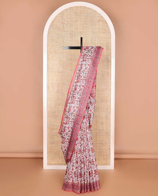 White madhubani design printed silk saree with contrast floral design border & intricate design pallu