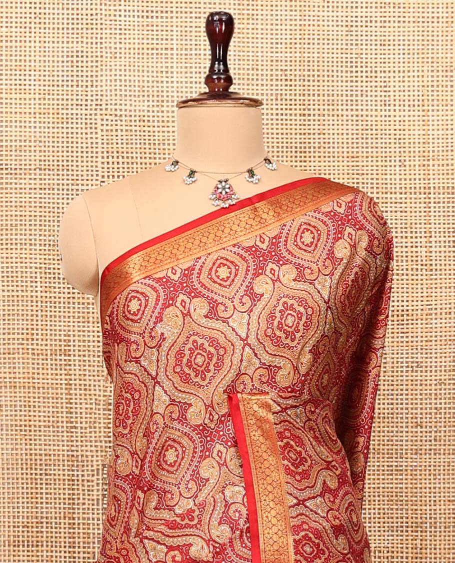 Red Printed Silk Saree, Elegantly Highlighted with Intricate Prints, Highlighted by a Traditional Zari Border, Printed Pallu, and a Matching Blouse