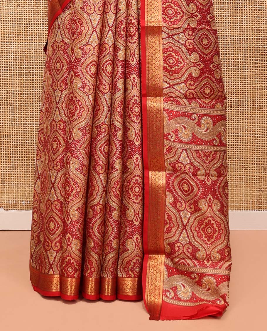 Red Printed Silk Saree, Elegantly Highlighted with Intricate Prints, Highlighted by a Traditional Zari Border, Printed Pallu, and a Matching Blouse