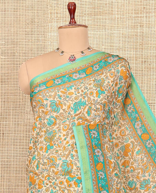 Sandal Printed Silk Saree, Elevated with Floral Vine Print, a Contrast Traditional Zari Border, Floral Pallu, and a Contrast Blouse