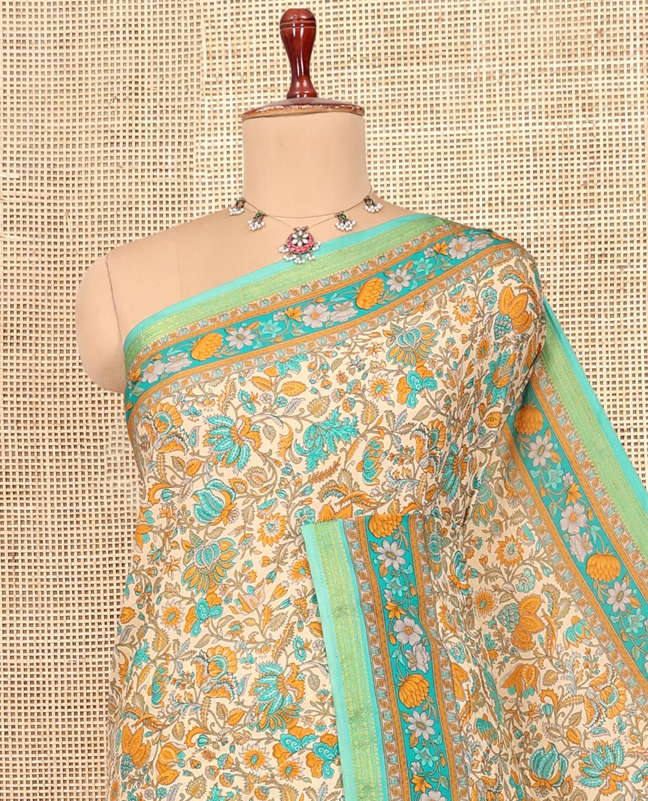 Sandal Printed Silk Saree, Elevated with Floral Vine Print, a Contrast Traditional Zari Border, Floral Pallu, and a Contrast Blouse