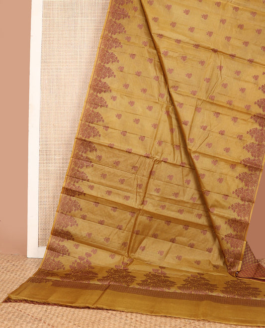 Mustard floral motif tussar saree, self-border of floral design & pallu of floral designs