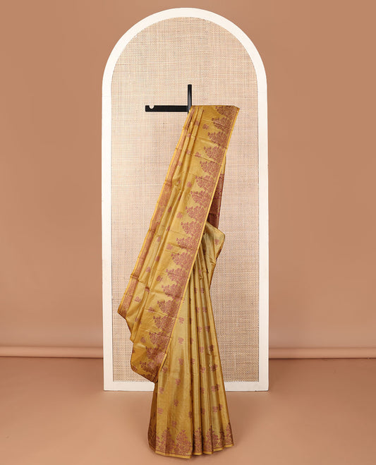 Mustard floral motif tussar saree, self-border of floral design & pallu of floral designs