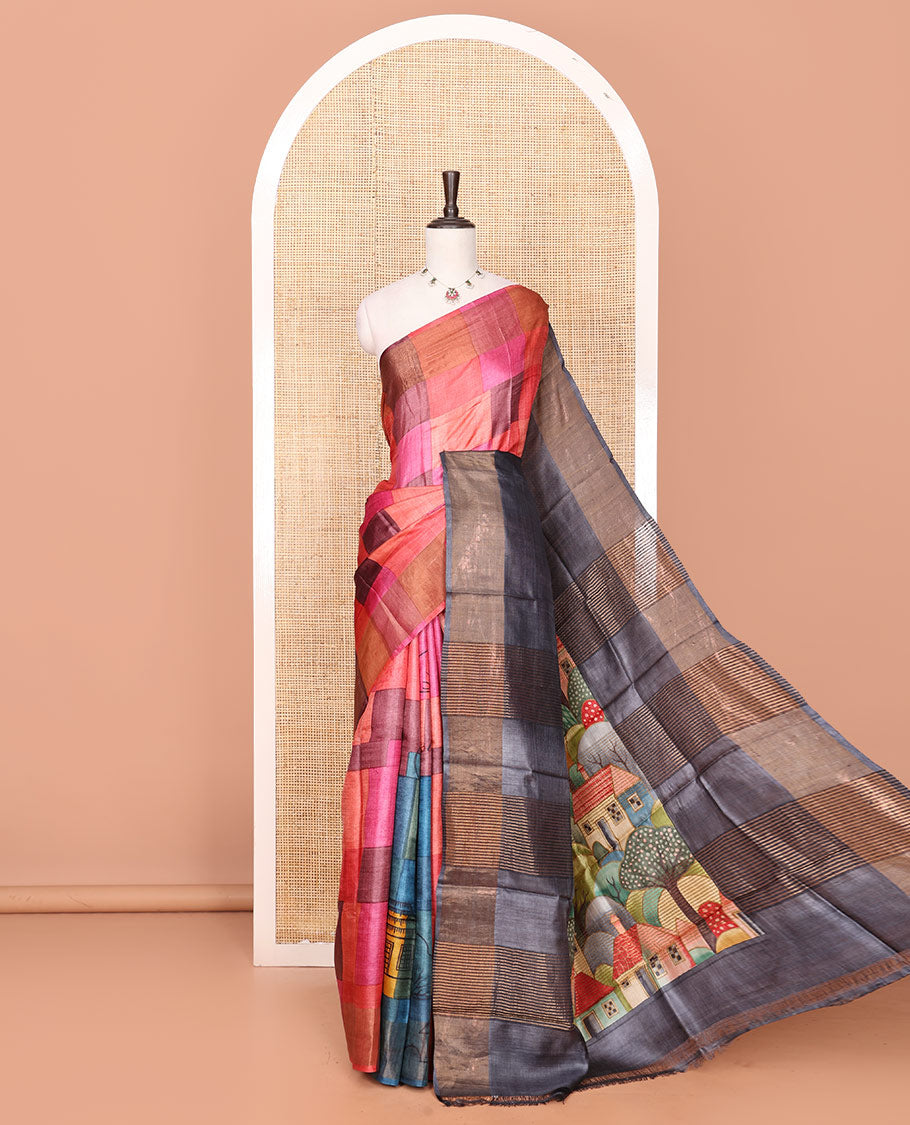 Borderless Multi-Color Checked Tussar Saree Made Spotlighted with a Contrast Pallu Featuring a House Scenery Print, Along with a Contrast House Scenery Printed Blouse