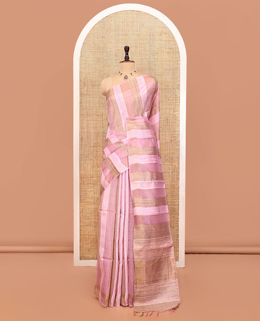 Pink Tussar Silk Saree, Highlighted by Stripes and Checks, a Self-Border, a Heathered Pallu, and a Matching Blouse