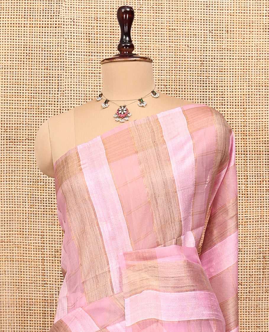 Pink Tussar Silk Saree, Highlighted by Stripes and Checks, a Self-Border, a Heathered Pallu, and a Matching Blouse