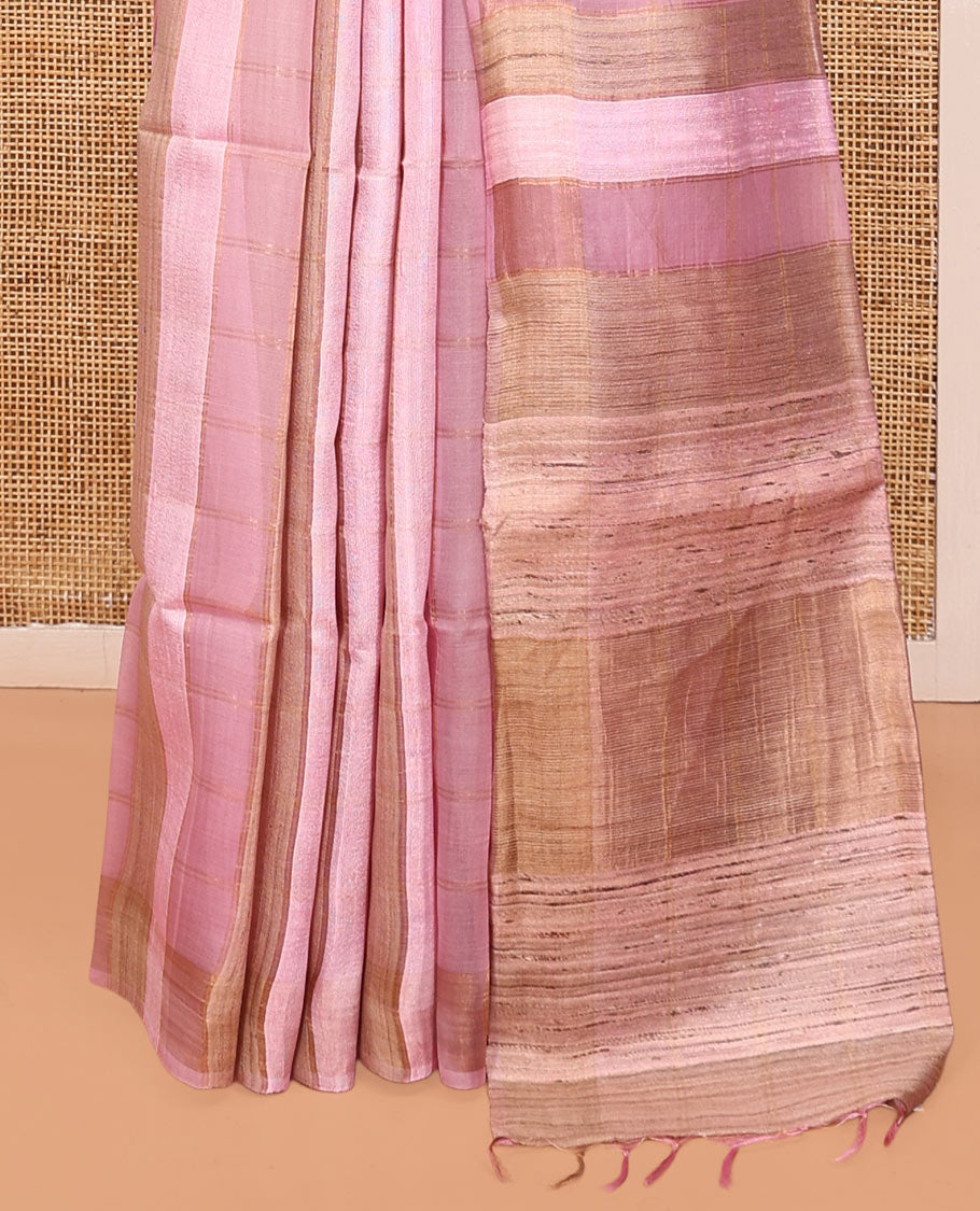 Pink Tussar Silk Saree, Highlighted by Stripes and Checks, a Self-Border, a Heathered Pallu, and a Matching Blouse