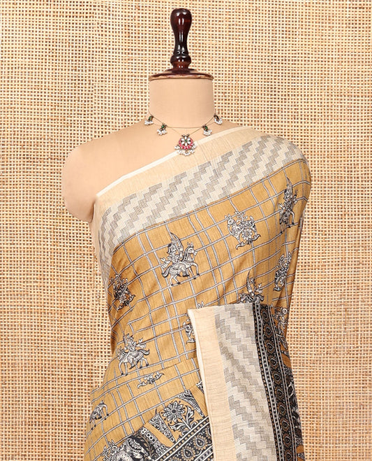 Sandal Tussar Silk Saree, Crafted with Human Motif and Checks, Contrast Geometric and Human Motif Border, Heathered Pallu, and Matching Blouse
