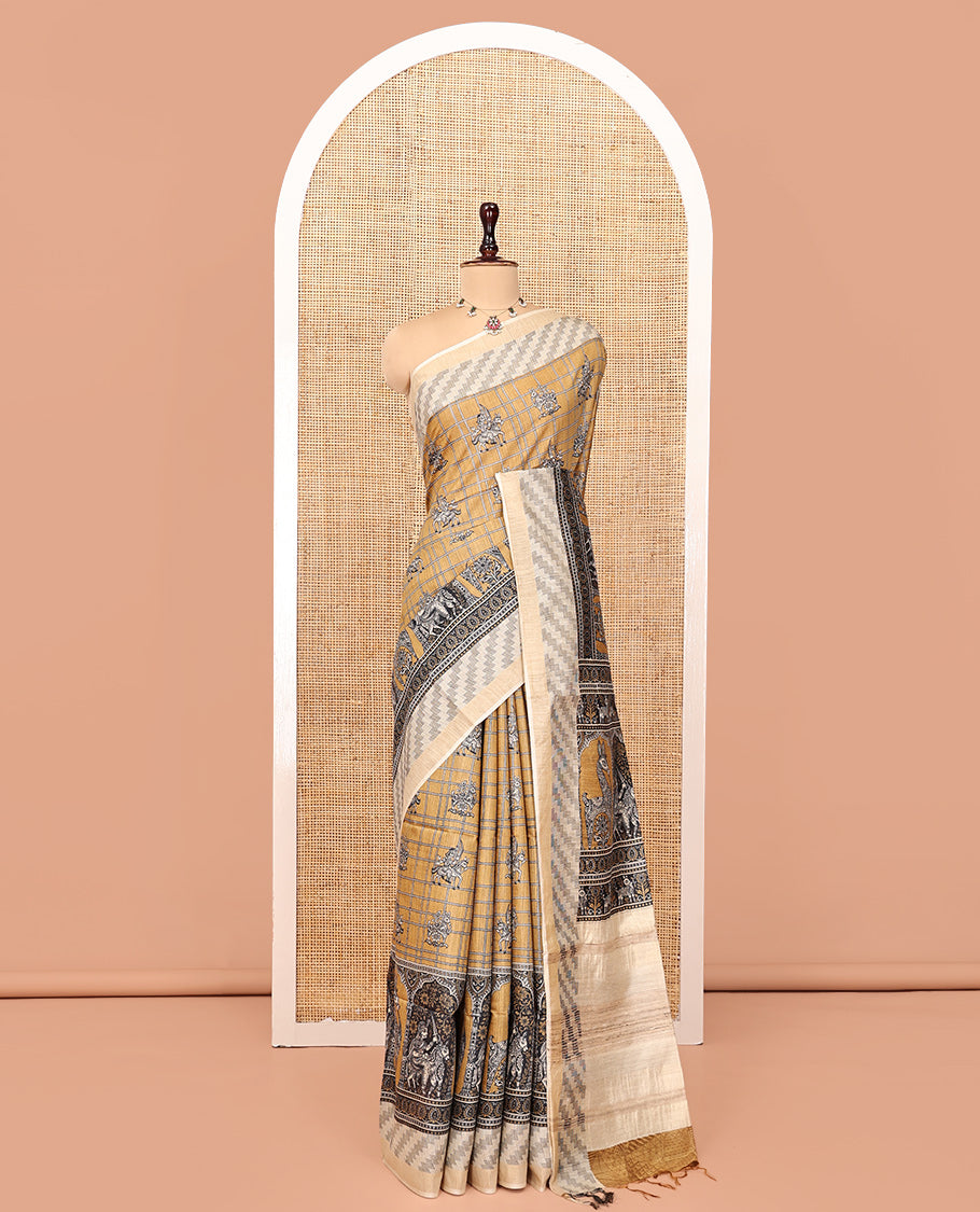 Sandal Tussar Silk Saree, Crafted with Human Motif and Checks, Contrast Geometric and Human Motif Border, Heathered Pallu, and Matching Blouse