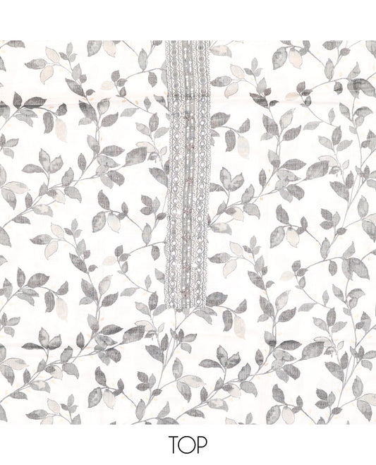 White chudidhar material set,leaf vine printed & neckwork top,contrast geometric printed bottom & floral printed dupatta