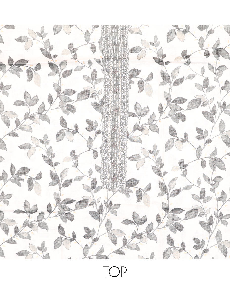 White chudidhar material set,leaf vine printed & neckwork top,contrast geometric printed bottom & floral printed dupatta