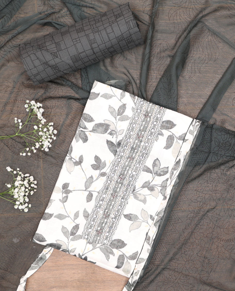 White chudidhar material set,leaf vine printed & neckwork top,contrast geometric printed bottom & floral printed dupatta