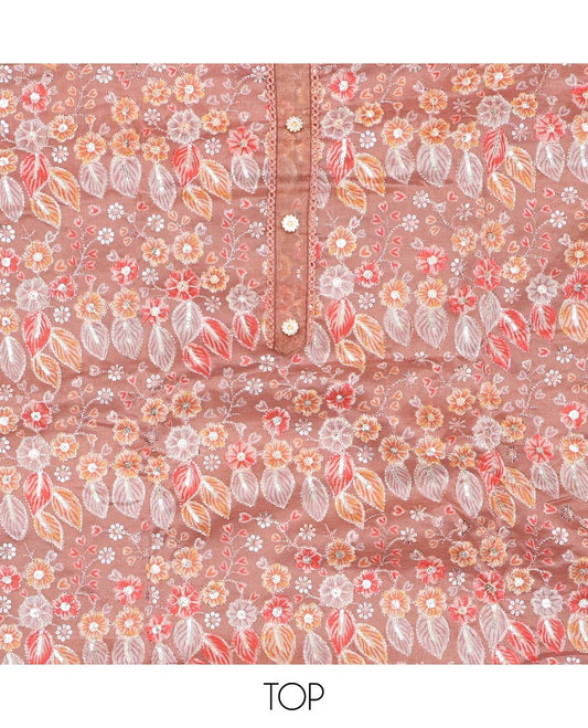 Orange organza chudidhar material set,floral print & sequins embroidery tissue top & floral vine embroidery dupatta
