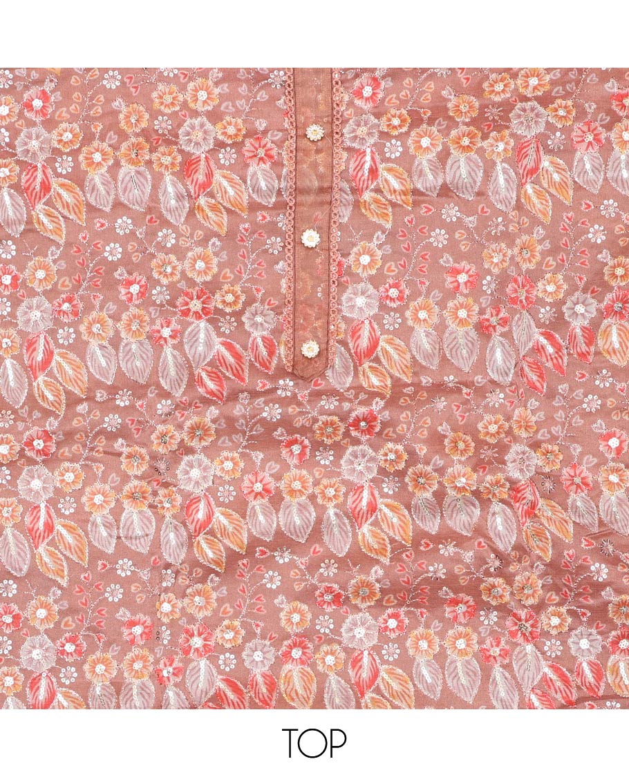 Orange organza chudidhar material set,floral print & sequins embroidery tissue top & floral vine embroidery dupatta
