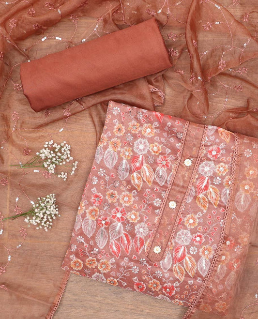 Orange organza chudidhar material set,floral print & sequins embroidery tissue top & floral vine embroidery dupatta