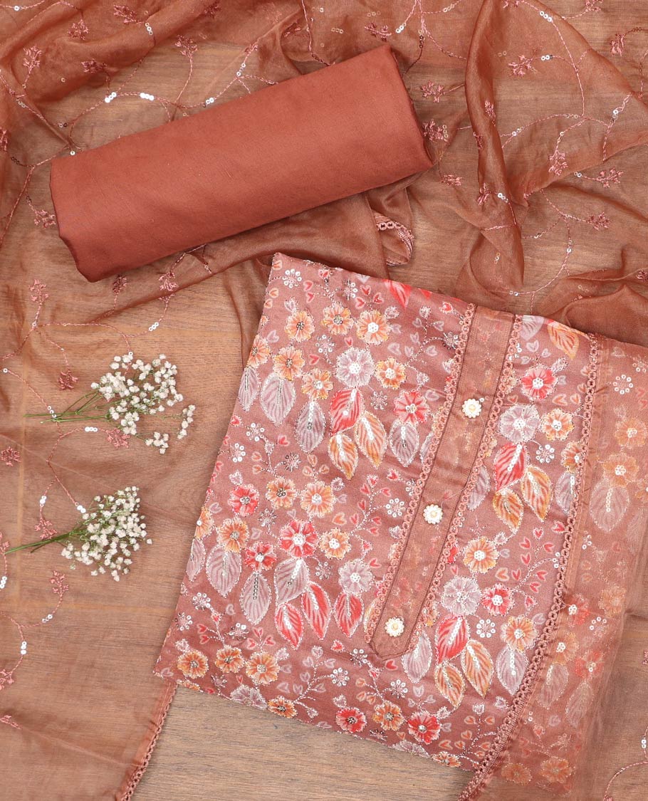 Orange organza chudidhar material set,floral print & sequins embroidery tissue top & floral vine embroidery dupatta