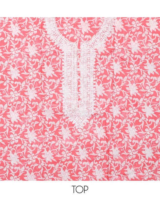 Pink cotton material churidar set, floral printed with neck embroidered top, tiger skin style printed bottom, and dupatta of floral and animal print