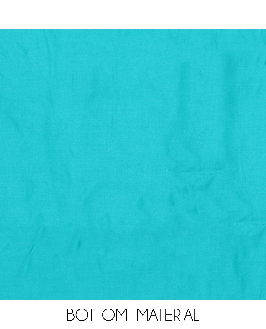 Blue material chudidar set, ikkat jaal printed with neck embroidered top, plain bottom, and sequins embroidered dupatta