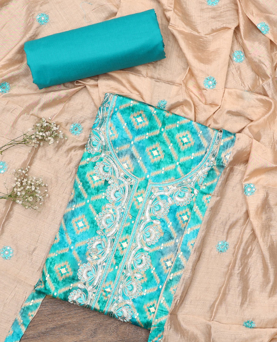 Blue material chudidar set, ikkat jaal printed with neck embroidered top, plain bottom, and sequins embroidered dupatta