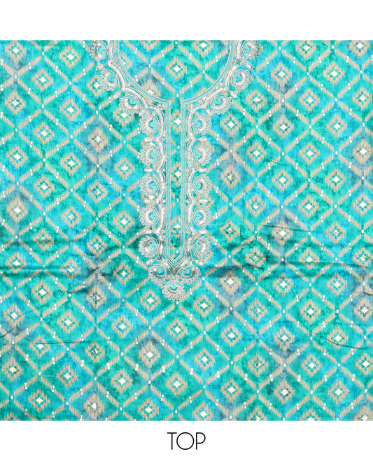 Blue material chudidar set, ikkat jaal printed with neck embroidered top, plain bottom, and sequins embroidered dupatta