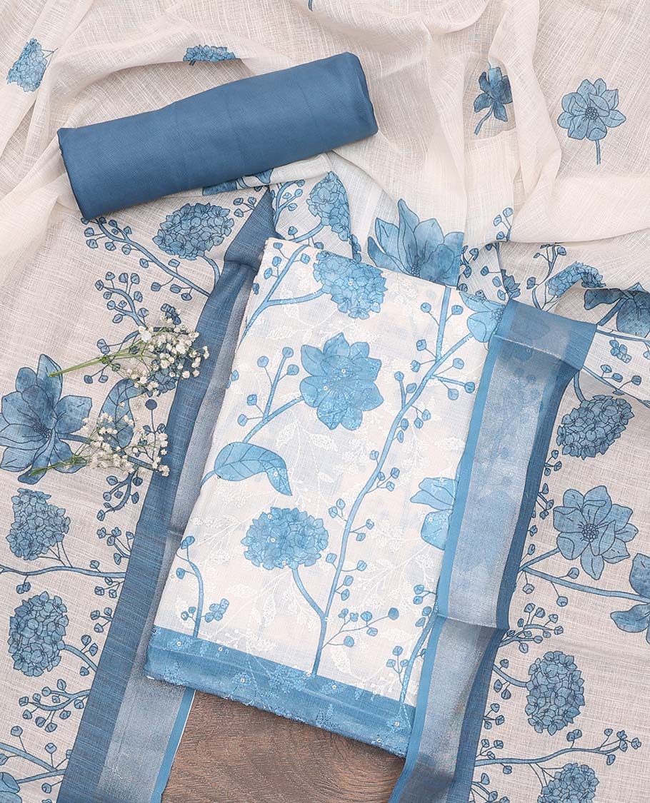 Cream-blue material chudidar set, floral print and thread woven top, contrast plain bottom, and floral printed dupatta