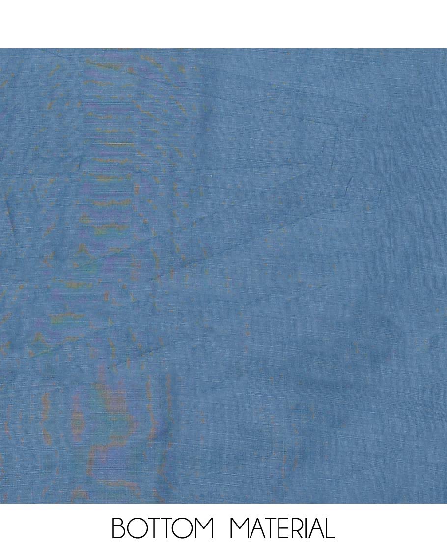 Cream-blue material chudidar set, floral print and thread woven top, contrast plain bottom, and floral printed dupatta