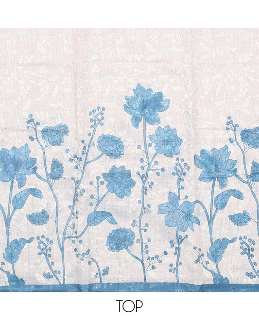 Cream-blue material chudidar set, floral print and thread woven top, contrast plain bottom, and floral printed dupatta