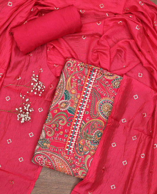 Pink Material Chudidar Set, Ornamented with Intricate Paisley Print and Neck Embroidery on Rayon Top, a Plain Rayon Bottom, and Paired with a Sequins Embroidered Chanderi Silk Dupatta