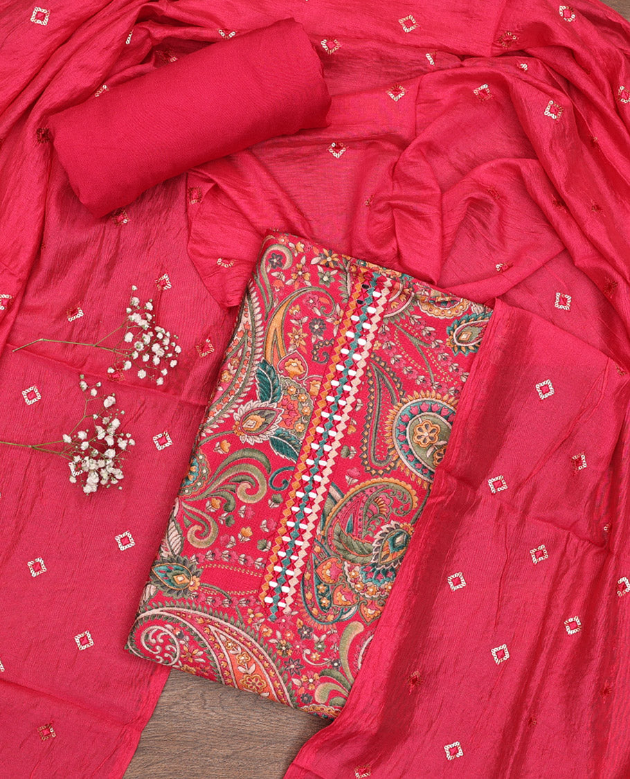 Pink Material Chudidar Set, Ornamented with Intricate Paisley Print and Neck Embroidery on Rayon Top, a Plain Rayon Bottom, and Paired with a Sequins Embroidered Chanderi Silk Dupatta