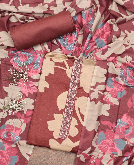Brown and Sandal Material Chudidar Set, Elevated with Silhouette-Style Floral Print, and Stone Work on Its Rayon Top, a Plain Rayon Bottom, and Paired with a Floral Printed Rayon Dupatta