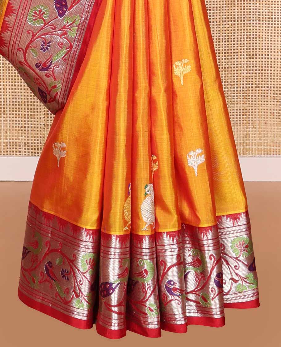 Orange motifs venkatagiri silk saree with contrast floral, bird design border & floral design pallu
