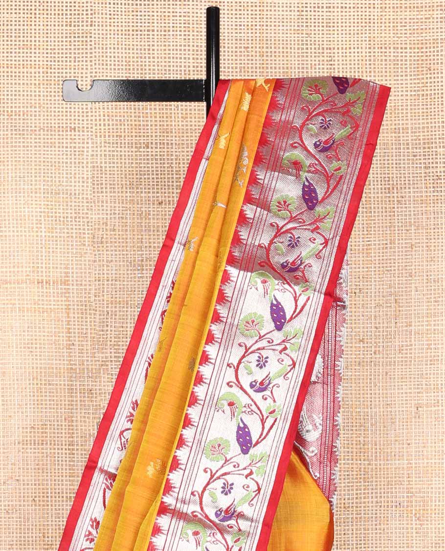 Orange motifs venkatagiri silk saree with contrast floral, bird design border & floral design pallu