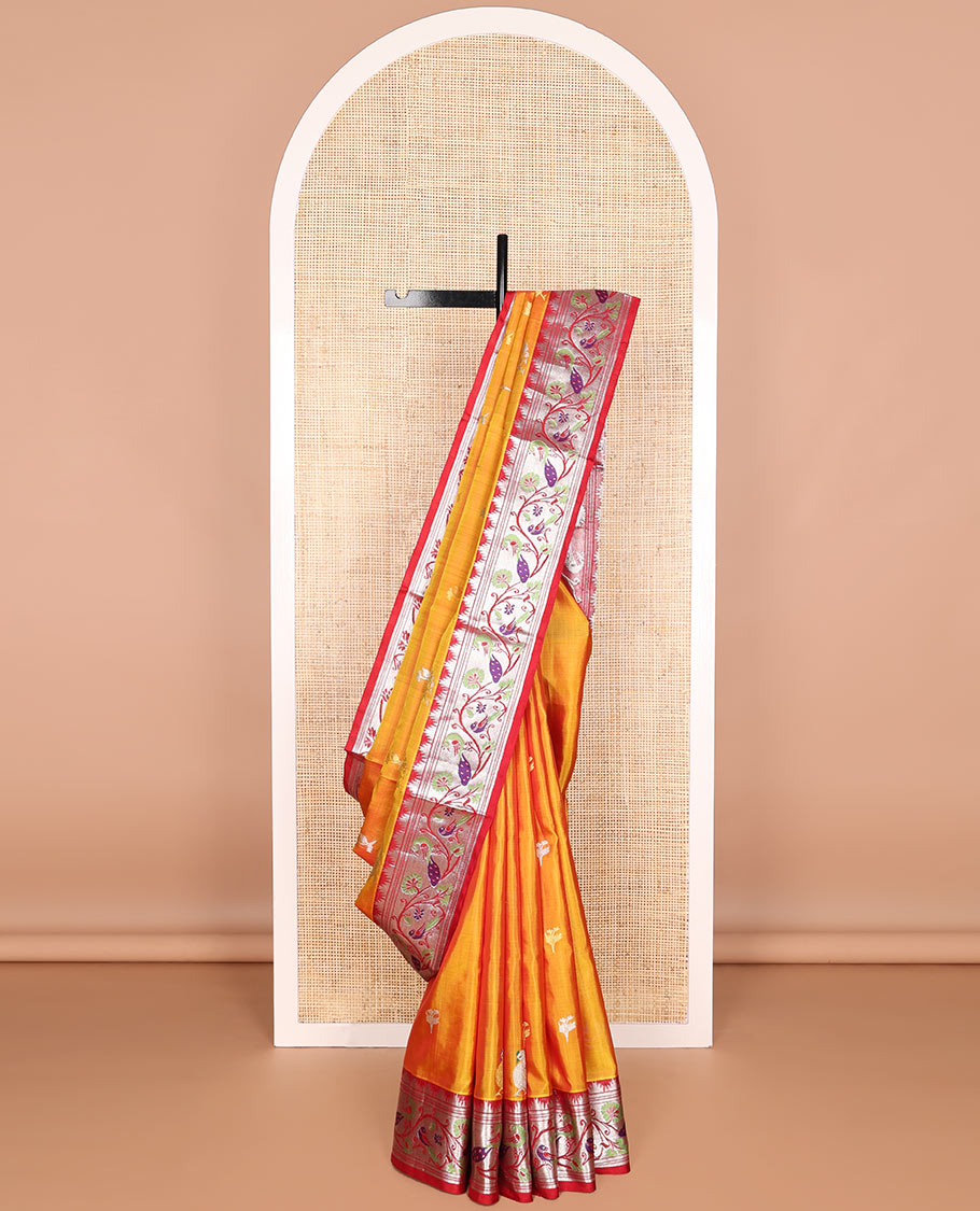 Orange motifs venkatagiri cotton saree with contrast floral, bird design border & floral design pallu