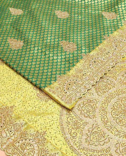 Green jacquard embroidered silk saree, contrast cut work embroidered scallop zari border & zari design stone embroidered pallu