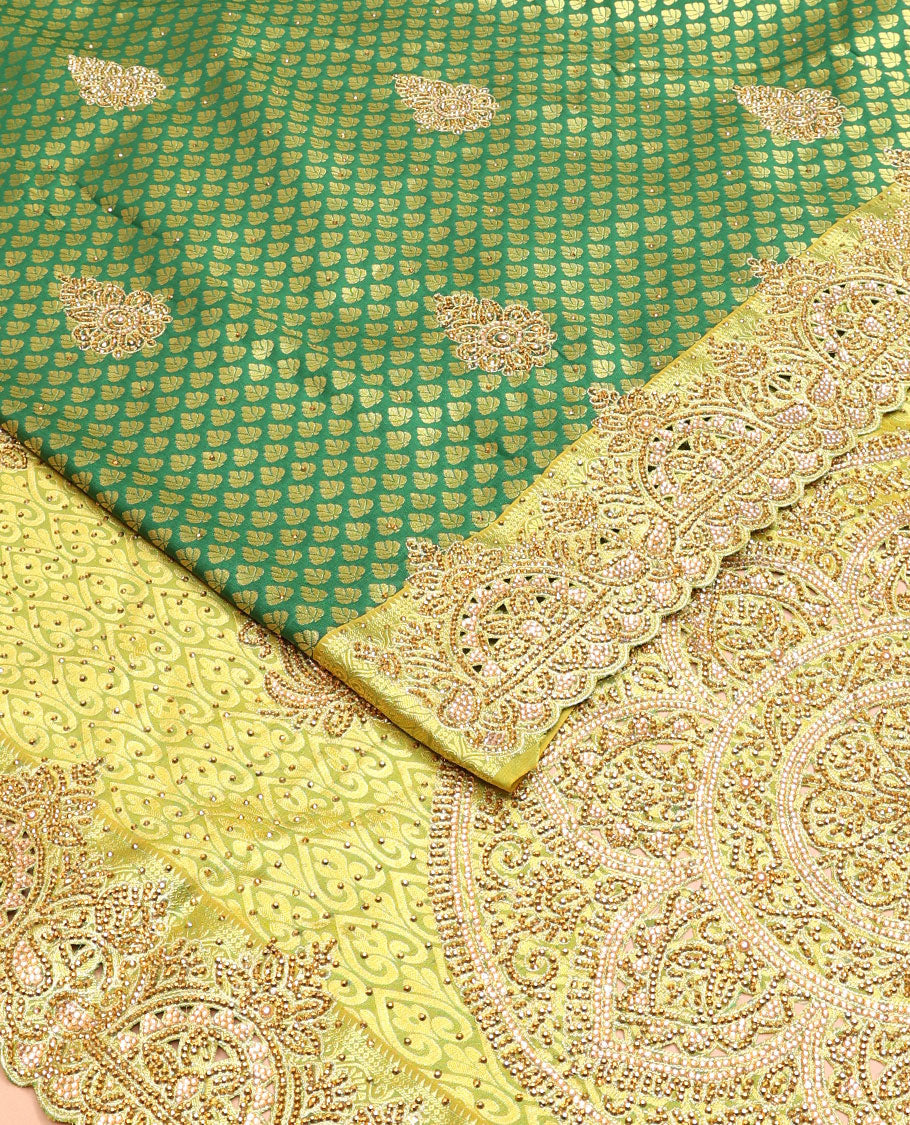 Green jacquard embroidered silk saree, contrast cut work embroidered scallop zari border & zari design stone embroidered pallu