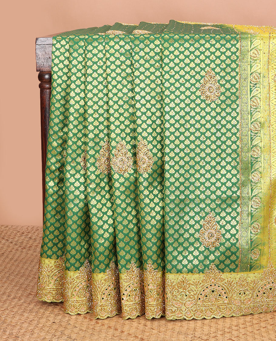 Green jacquard embroidered silk saree, contrast cut work embroidered scallop zari border & zari design stone embroidered pallu