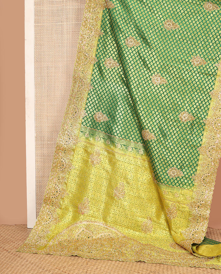 Green jacquard embroidered silk saree, contrast cut work embroidered scallop zari border & zari design stone embroidered pallu