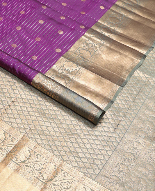 purple striped, round buttas vasundhara elite silk saree with contrast intricate zari design border & floral jaal design pallu