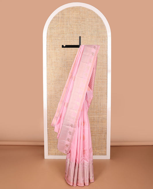 Light pink leaf motifs vasundhara elite silk saree with self border of horse, checked design & checkered design pallu