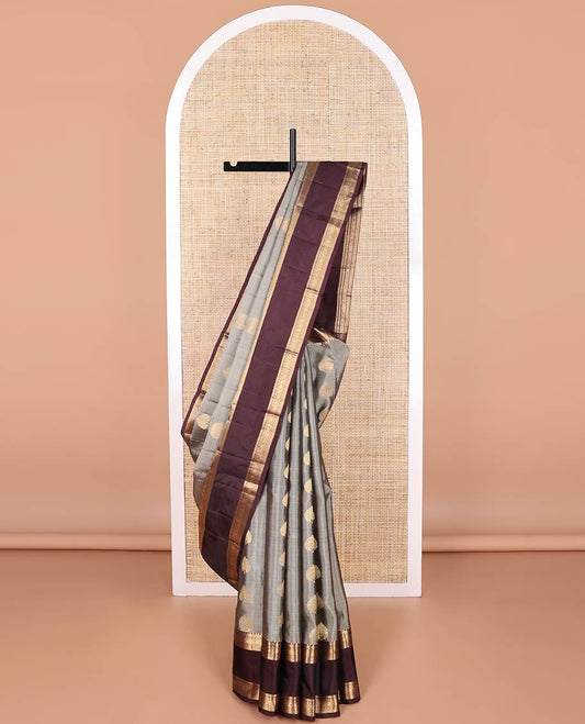 Grey leaf buttas vasundhara elite silk saree with contrast rettai pettu zari design border  & checked design pallu