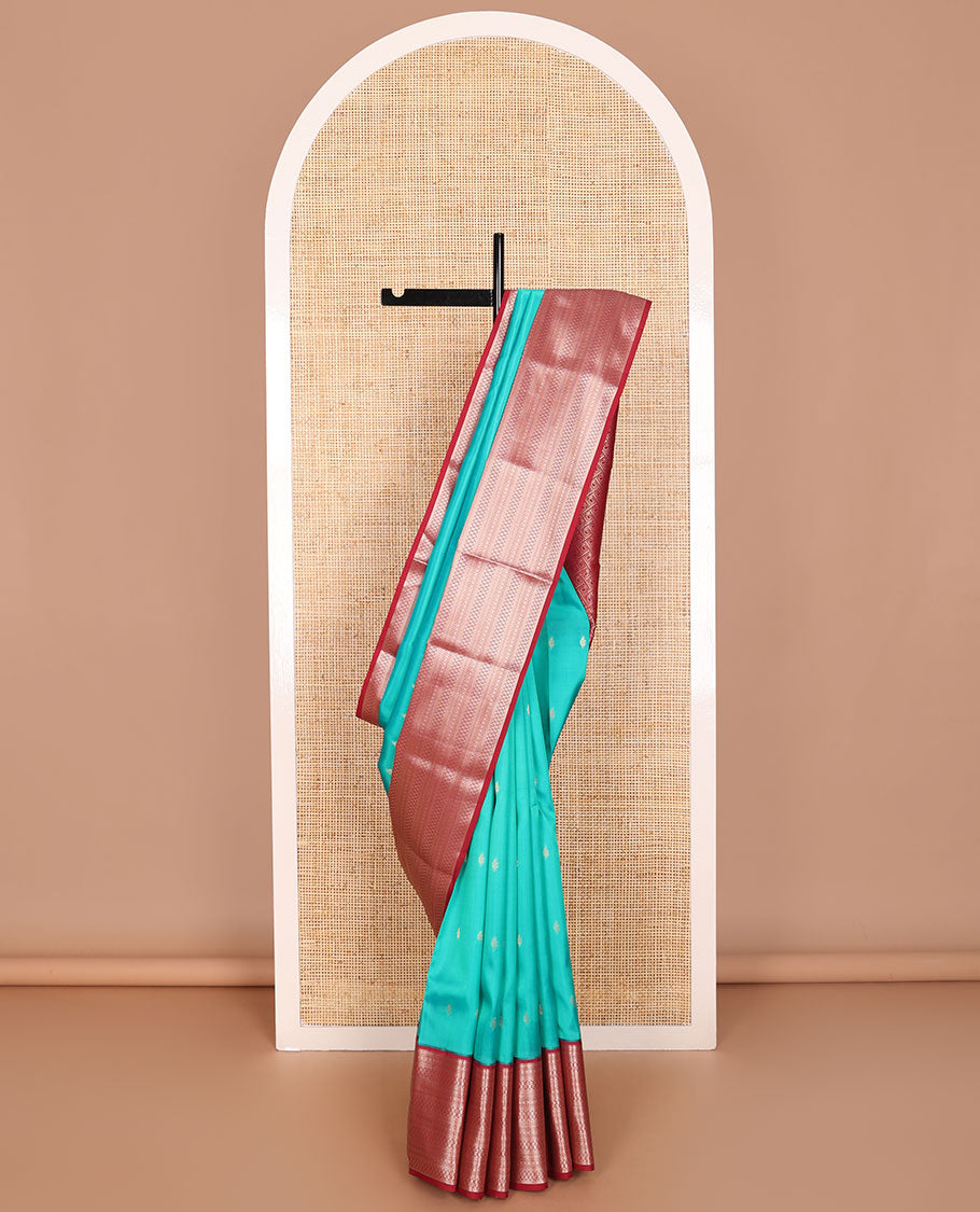 Sea blue buttas vansundhara elite silk saree with contrast traditional zari design border & paisley design pallu