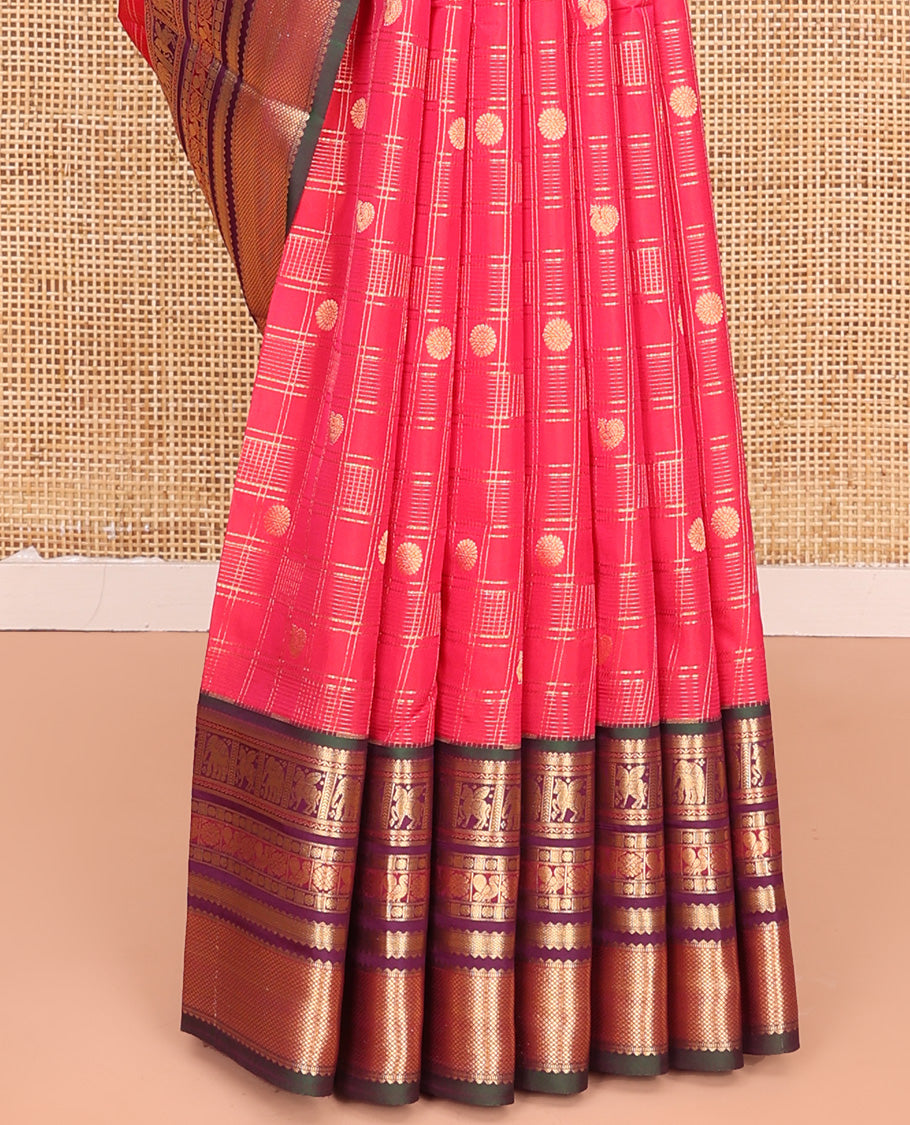 Pink Vasundhara Lite Silk Mix Saree, Opulently Embellished with Zari Butta Enclosed Checks On Its Body, Complemented by Contrast Border of Neli, Kuthirai, Yaanai, Kamalam, Mayil and Kuyil Kann Designs, Grand Pallu and Paired with a Contrast Blouse
