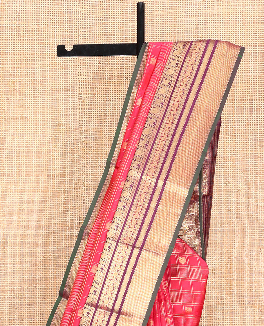 Pink Vasundhara Lite Silk Mix Saree, Opulently Embellished with Zari Butta Enclosed Checks On Its Body, Complemented by Contrast Border of Neli, Kuthirai, Yaanai, Kamalam, Mayil and Kuyil Kann Designs, Grand Pallu and Paired with a Contrast Blouse
