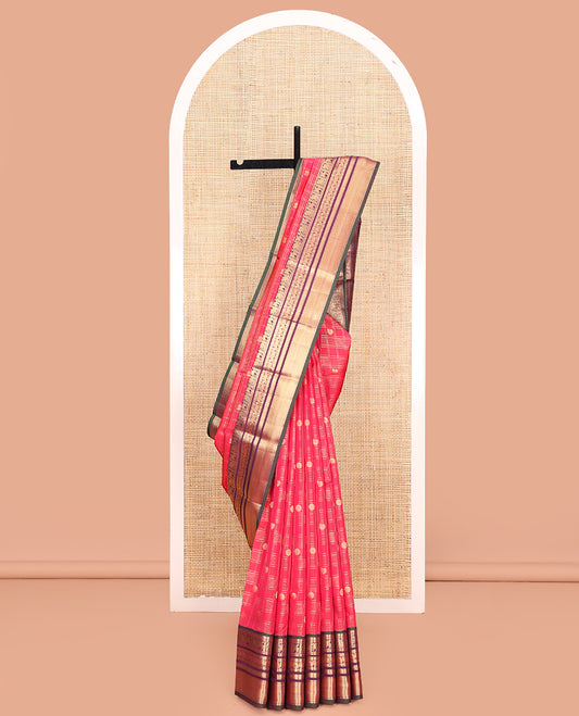 Pink Vasundhara Lite Silk Mix Saree, Opulently Embellished with Zari Butta Enclosed Checks On Its Body, Complemented by Contrast Border of Neli, Kuthirai, Yaanai, Kamalam, Mayil and Kuyil Kann Designs, Grand Pallu and Paired with a Contrast Blouse