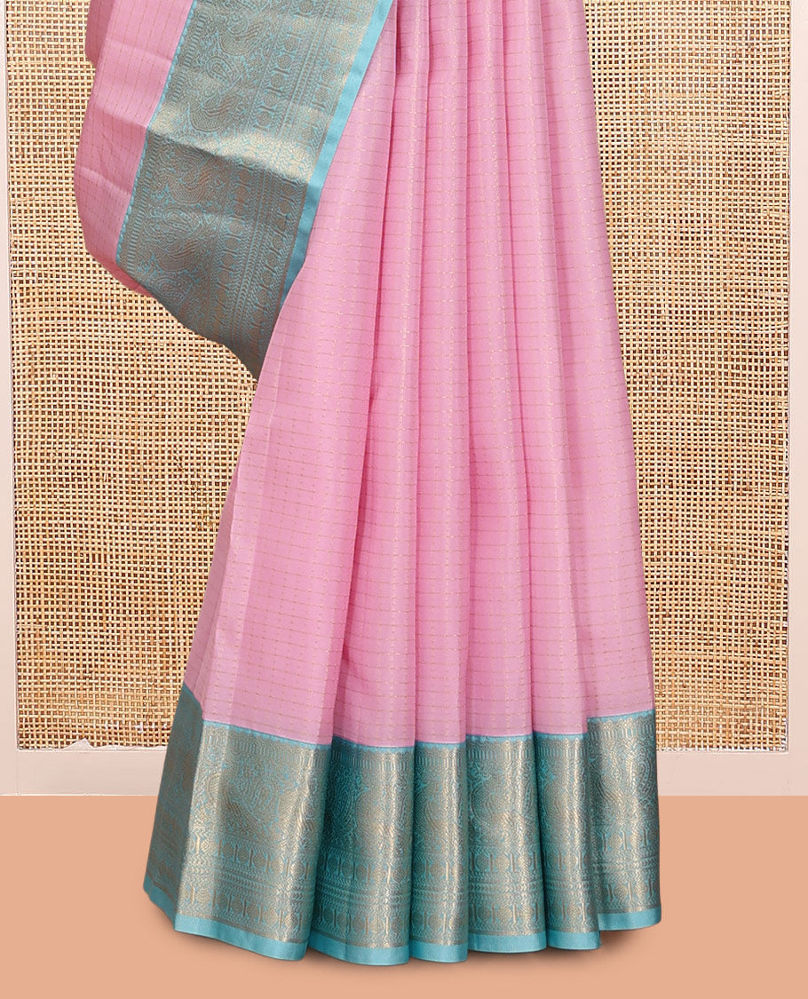 Pink Vasundhara Lite Silk Mix Saree, Sparsely Woven with Zari Checks, a Contrast Border of Muthu, Banaras, Kathir, and Round Mayil Designs, Jaal Pallu, and a Contrast Blouse