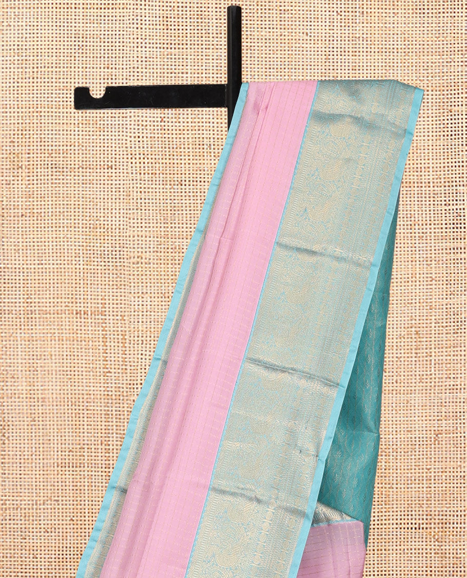 Pink Vasundhara Lite Silk Mix Saree, Sparsely Woven with Zari Checks, a Contrast Border of Muthu, Banaras, Kathir, and Round Mayil Designs, Jaal Pallu, and a Contrast Blouse