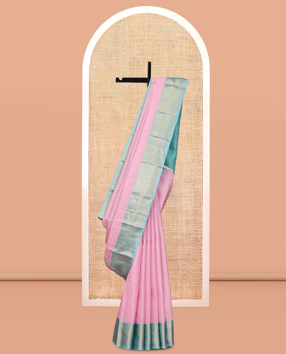 Pink Vasundhara Lite Silk Mix Saree, Sparsely Woven with Zari Checks, a Contrast Border of Muthu, Banaras, Kathir, and Round Mayil Designs, Jaal Pallu, and a Contrast Blouse