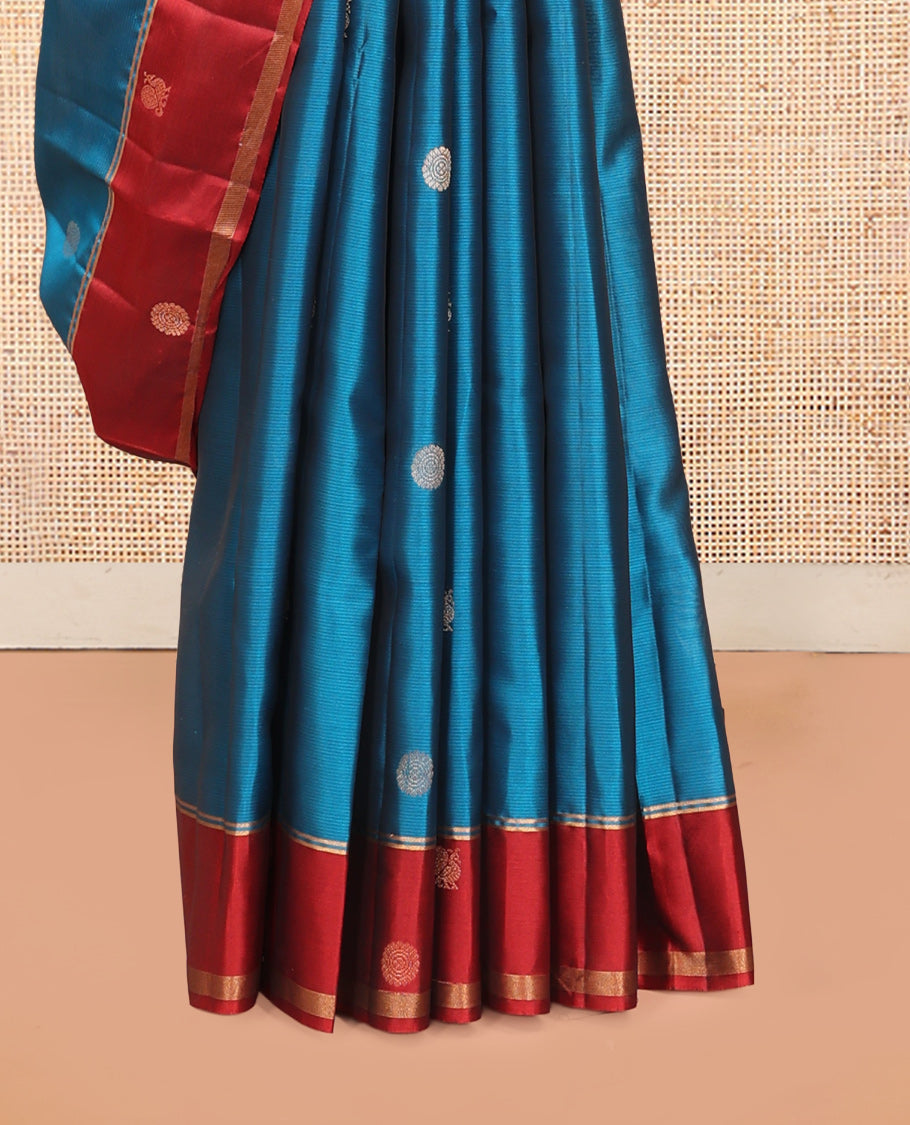 Blue Mayil Buttas Vasundhara Lite Silkmix Saree, a Contrast Mayil Border, Pallu of Vanki-Chakra, Contrast Blouse