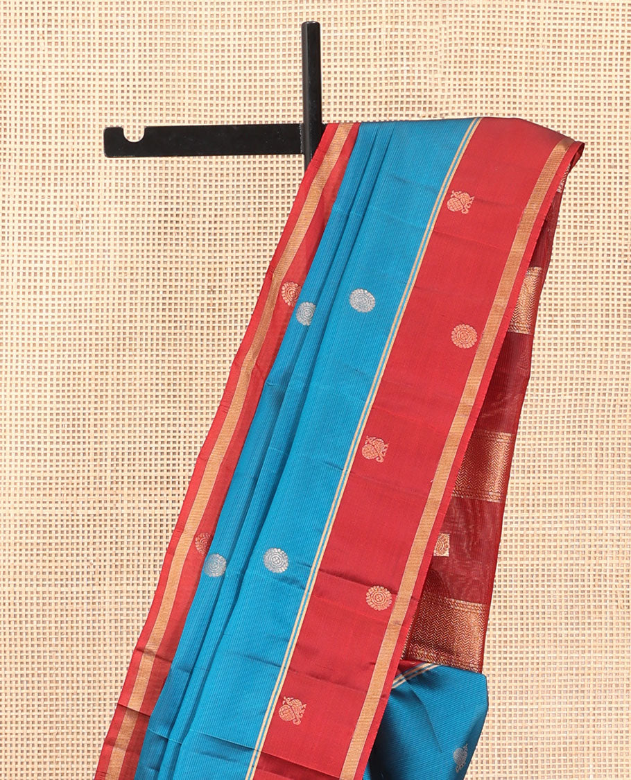 Blue Mayil Buttas Vasundhara Lite Silkmix Saree, a Contrast Mayil Border, Pallu of Vanki-Chakra, Contrast Blouse